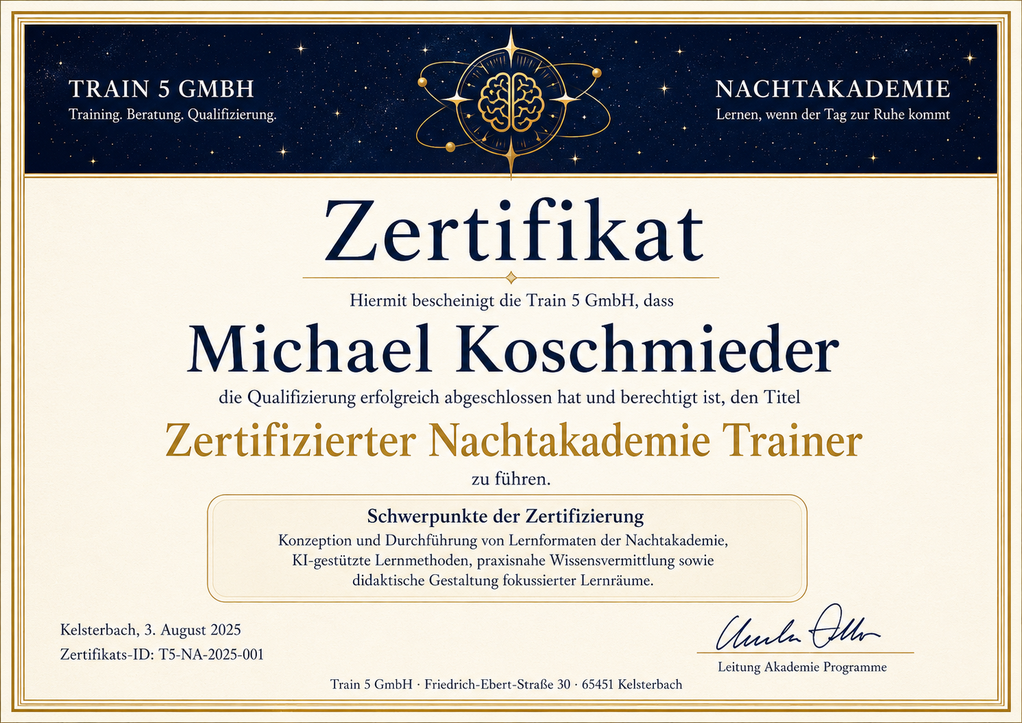 Zertifikat Michael Koschmieder Nachtakademie Trainer